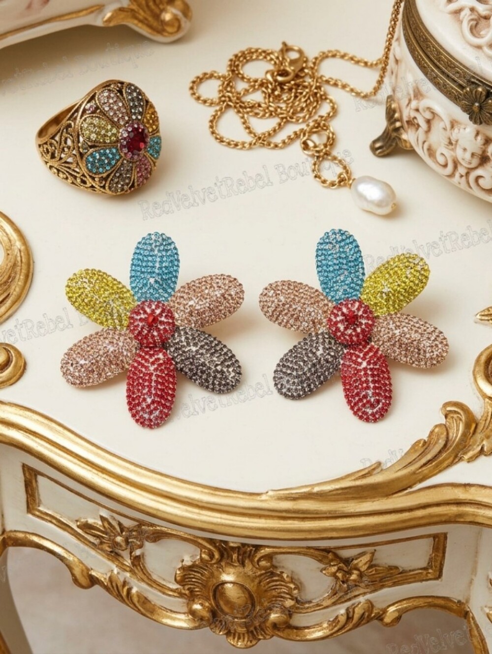 Vintage ZuZu Retro 90s Large Flower Multicolored Crystal Silver Drop Earrings